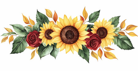 Bouquet of sunflowers and roses with leaves. Vector illustrationの写真素材