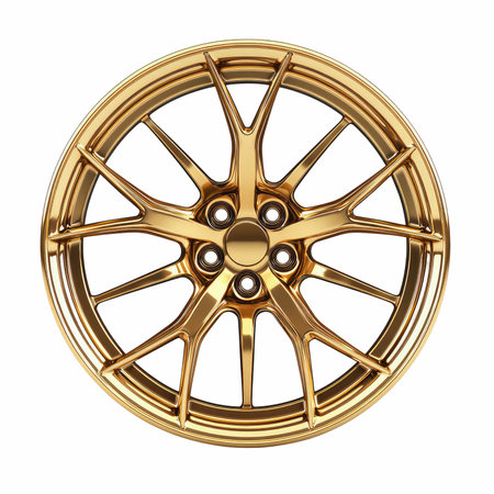 Gold alloy wheel isolated on white background. 3d illustration. Top view.の写真素材