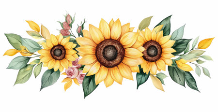 Watercolor sunflower bouquet isolated on white background. Hand drawn illustrationの写真素材
