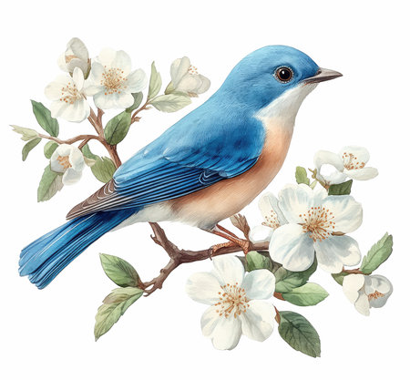 Watercolor illustration of a bluebird sitting on a branch of jasmine flowersの写真素材