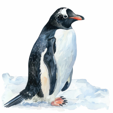 Watercolor penguin on the ice. Illustration on white backgroundの写真素材