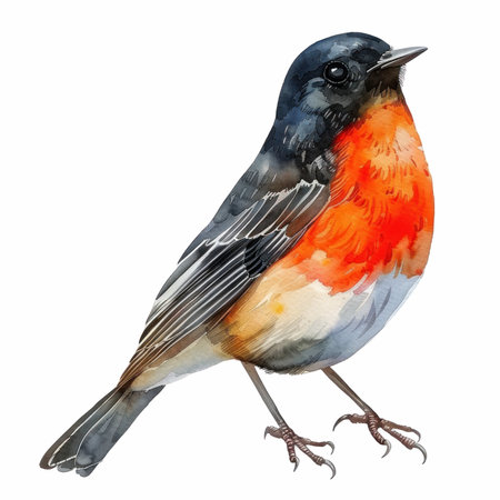 Watercolor illustration of a red-finch on a white backgroundの写真素材