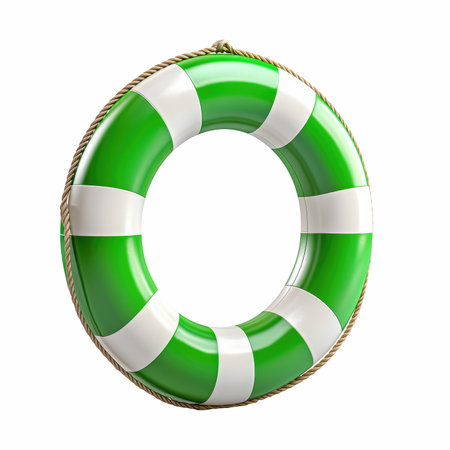 A visually striking bright reflective lifebuoy in green and white colors, ideal for safety and emergency situations on water.の写真素材