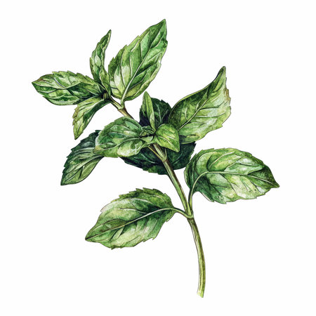 Basil leaves. Hand drawn watercolor illustration isolated on white backgroundの写真素材