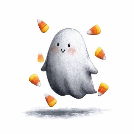 This whimsical illustration features a friendly ghost playfully floating among delicate candy corn, perfect for Halloween-themed projects and decorations.の写真素材