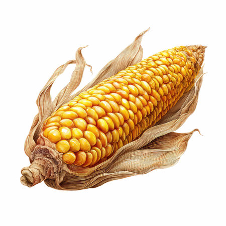 This highly realistic vector illustration showcases a fresh corn cob with rich yellow kernels and...