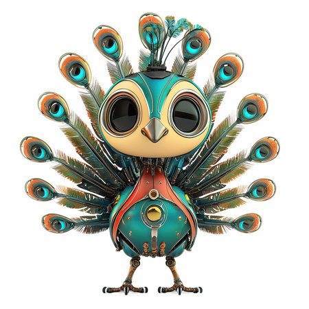 3d rendering of a cute bird with peacock feathers isolated on white backgroundの写真素材