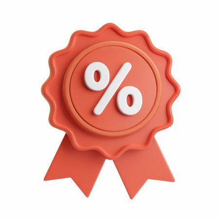 This 3D render features a vibrant red and orange sale badge adorned with a white percentage sign, perfect for promotional materials and marketing campaigns.の写真素材