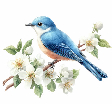 Watercolor illustration of a blue bird on a branch of jasmineの写真素材