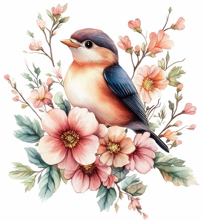Watercolor illustration of a bird sitting on a branch with flowers.の写真素材