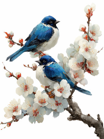 Discover a stunning botanical illustration featuring vibrant blue birds perched on delicate cherry blossoms, capturing the essence of spring in nature.の写真素材