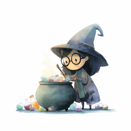 A whimsical illustration of a cute witch stirring a bubbling cauldron filled with colorful potions, creating a magical atmosphere.の写真素材