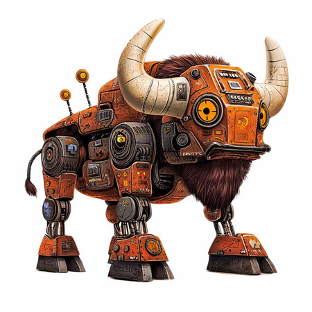 illustration of a mechanical creature with horns, isolated on a white backgroundの写真素材