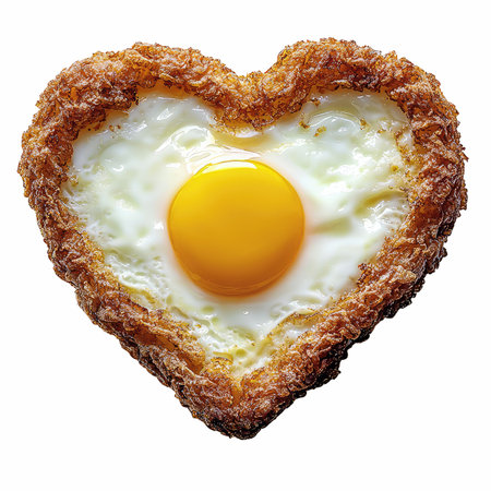 Heart shaped fried egg isolated on white backgroundの写真素材