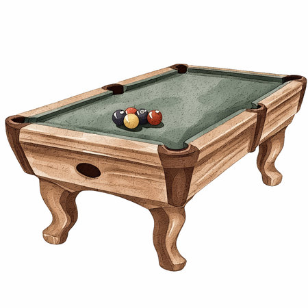 Illustration of a billiard table with balls and cue on a white background