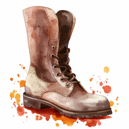 Watercolor illustration of a pair of brown boots with splashes.の写真素材