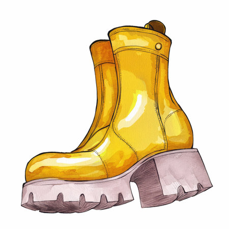 Watercolor illustration of a pair of yellow boots on a white backgroundの写真素材