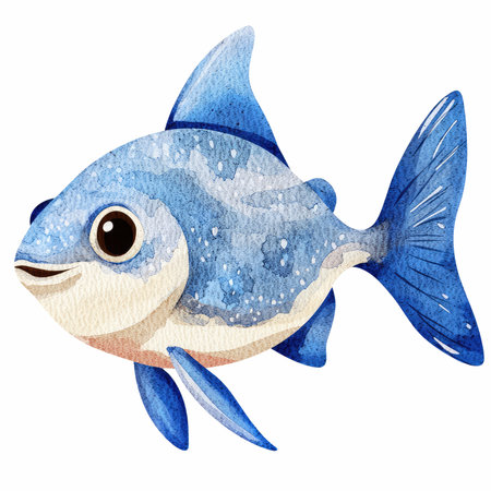 Watercolor illustration of a blue fish. Isolated on white background.の写真素材