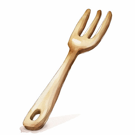 Wooden fork isolated on white background. Watercolor hand drawn illustrationの写真素材