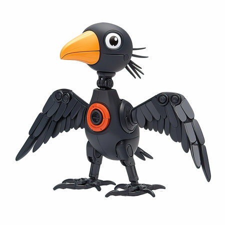 Cartoon character of a robot with an orange eye and black wingsの写真素材
