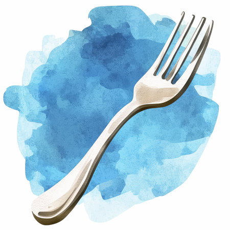 Illustration of a fork on a blue watercolor background with stainsの写真素材