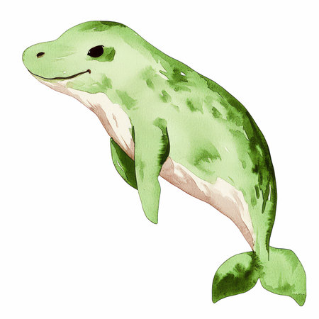 watercolor illustration of a green narwhal isolated on white background
