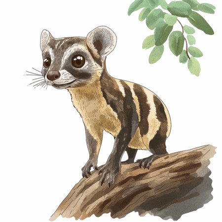 Illustration of a ground squirrel sitting on a branch with leaves.の写真素材