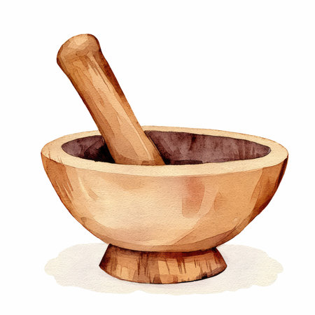 Wooden mortar and pestle. Hand drawn watercolor illustration.の写真素材