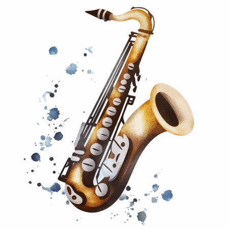 Watercolor illustration of a saxophone on a white background with splashesの写真素材