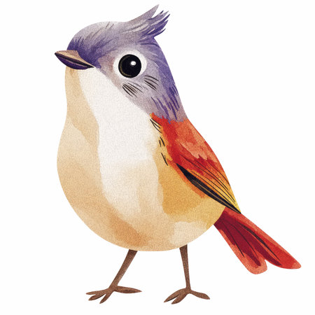 Watercolor illustration of a cute red-crowned titmouseの写真素材