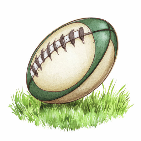 Hand drawn sketch of a rugby ball on grass. Vector illustration.の写真素材