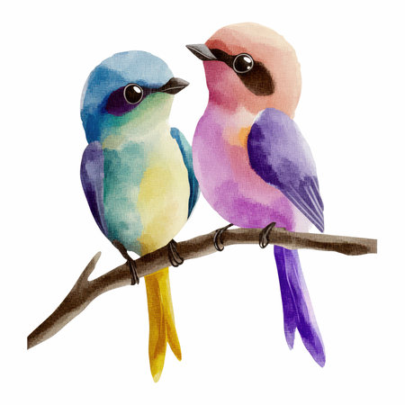 Watercolor illustration of two birds on a branch isolated on white backgroundの写真素材