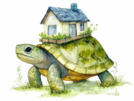 Watercolor illustration of a tortoise with a house in the backgroundの写真素材