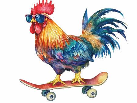 Watercolor rooster in sunglasses on a skateboard. Isolated on white backgroundの写真素材