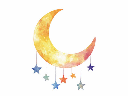 Watercolor illustration of a crescent moon with stars on a white backgroundの写真素材