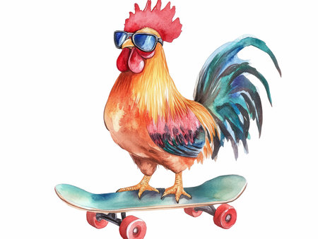 Watercolor rooster on a skateboard isolated on a white backgroundの写真素材