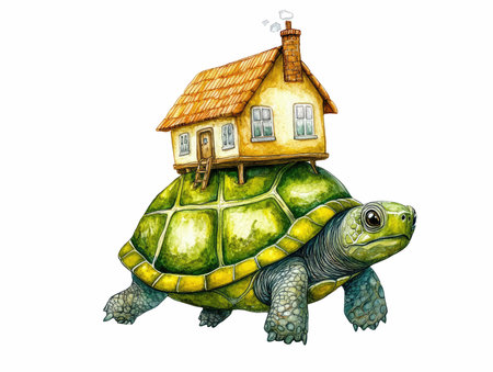 Watercolor illustration of a turtle with a house on a white backgroundの写真素材
