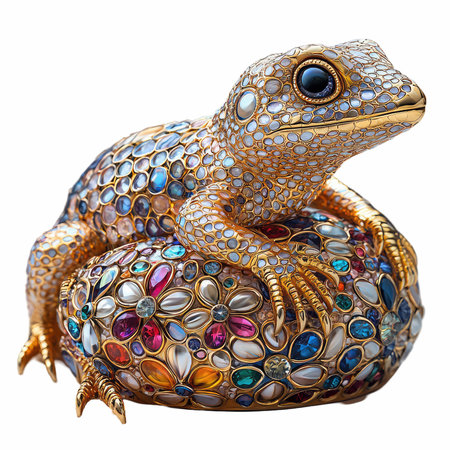 Golden frog made of precious stones isolated on white backgroundの写真素材