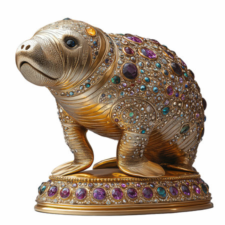 Golden walrus with precious stones isolated on white background. 3d illustrationの写真素材