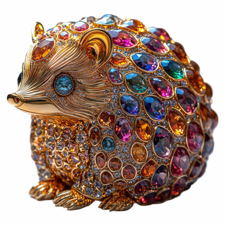 Golden hedgehog with multicolored gems isolated on white background.