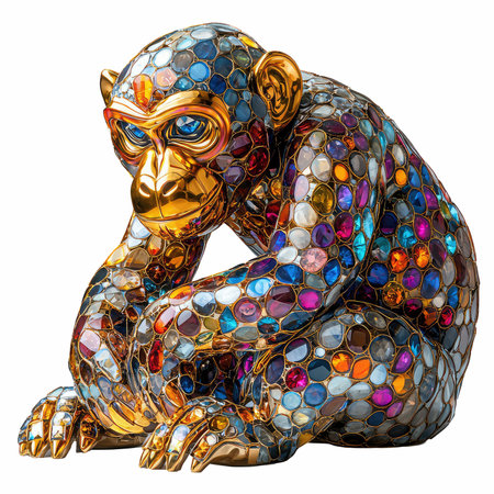 3D rendering of a golden monkey in colorful glass mosaic isolated on white backgroundの写真素材