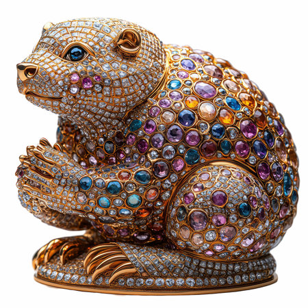 Golden bear figurine made of precious stones isolated on white background.の写真素材