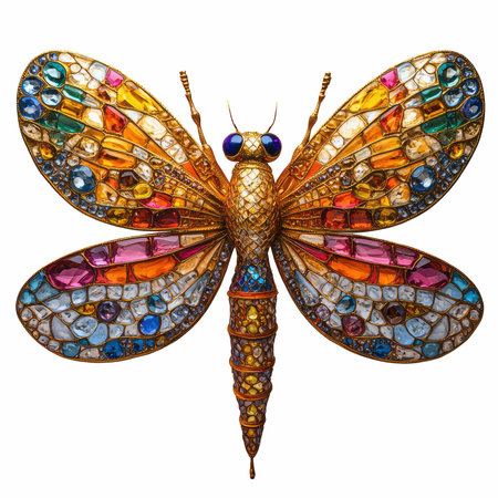 Colorful stained glass dragonfly isolated on white background with clipping pathの写真素材