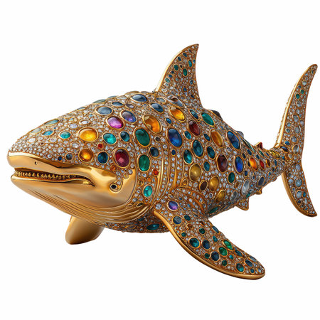 Golden fish with multicolor jewels isolated on white background. 3d illustrationの写真素材