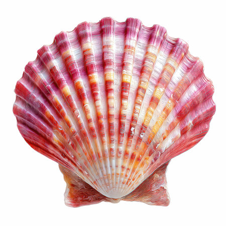 This stunning single pink and red scallop shell stands upright, showcasing its vibrant colors and...