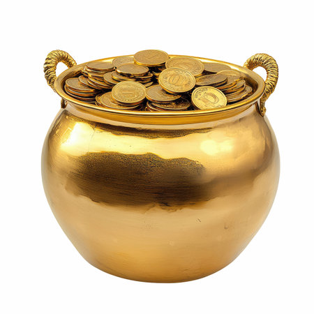 Gold pot with coins isolated on white background. 3d rendering.の写真素材