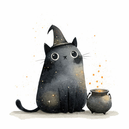 A charming black cat wearing a witch hat sits beside a cauldron, surrounded by magical sparkles, creating a whimsical and enchanting scene.の写真素材