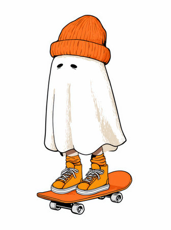 A whimsical illustration of a cute ghost character riding a skateboard, wearing an orange beanie and matching shoes, ideal for creative projects.の写真素材