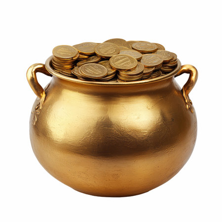 Gold pot full of coins isolated on white background with clipping path.の写真素材