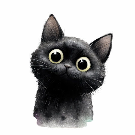 This captivating image features a majestic black cat with big, sparkling eyes that draw you in. Its adorable expression and vibrant look create a sense of wonder.の写真素材